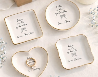 Godmother Proposal Keepsake Ring Dish | Godmother Birthday Gift | Gold Rim Heart Dish with Name Bow | Trinket Dish Keepsake(JW-242)