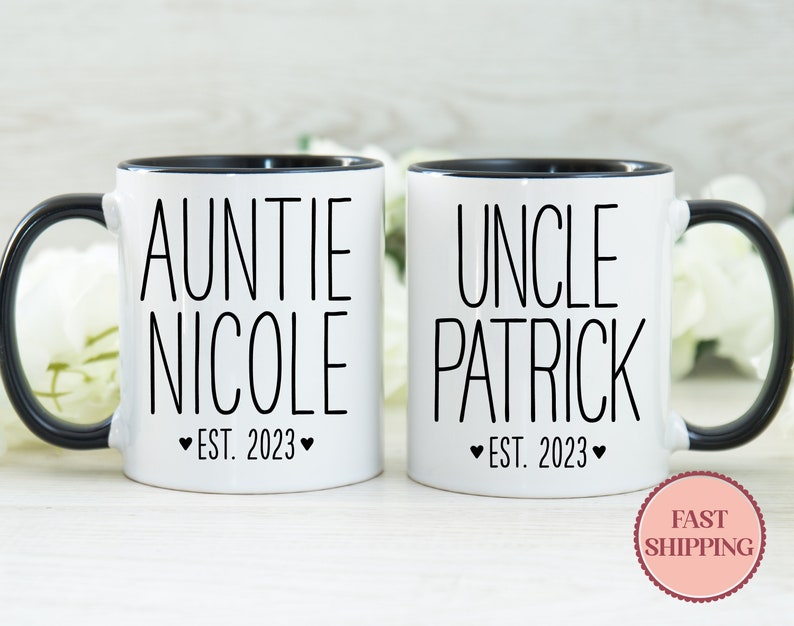 Auntie Uncle Est 2023 Mug Set New Aunt Uncle Mug Gift For New Aunt & Uncle Personalized Mugs Custom Pregnancy Reveal Mug MU-38 image 1