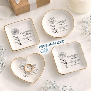 Personalized 18th Birthday Ring Dish Birth Flower Gift | Custom Name Chapter 18 Jewelry Tray | Gold Rim Ceramic Keepsake for Her(JW-213)