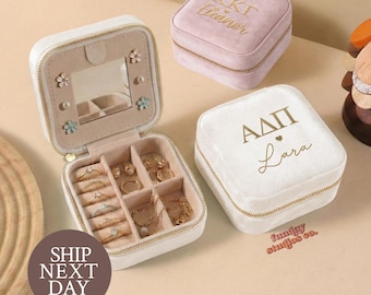Personalized Sorority Gift, Custom Name Jewelry Box, Velvet Travel Jewelry Case, Big Little Reveal Gift, Sorority Sister Gift (CE-1)