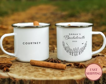 Custom Name Bachelorette Enamel Mug, Mountain Lover Enamel Cup, Personalized Coffee Mug, Camping Tea Lover Stainless Mug (EM-45 Name)