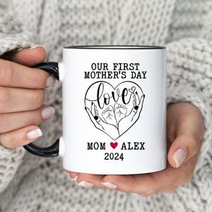 a woman holding a white coffee mug with a black handle