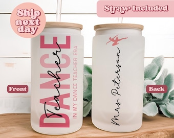Personalized Dance Teacher Glass Iced Coffee Cup – Custom 16oz Frosted Tumbler with Straw & Lid – Dance Teacher Christmas Gift