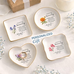 Personalized 70th Birthday Ring Dish Chapter Seventy|Birth Flower Jewelry Tray for Women |Custom Name Gold Rim Ceramic Keepsake Gift(JW-203)