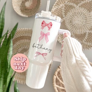 Pink Bows Personalized 40oz Tumbler, Custom 40oz Tumbler Gift For Her, Cute 40oz Tumbler For Women, Birthday Gift Idea(TU-412)