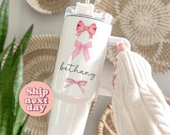 Pink Bows Personalized 40oz Tumbler, Custom 40oz Tumbler Gift For Her, Cute 40oz Tumbler For Women, Birthday Gift Idea(TU-412)