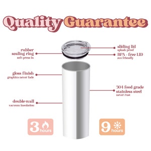 Puede incluir: Un vaso de acero inoxidable blanco con tapa transparente, con mecanismo deslizante. La imagen destaca el aislamiento al vac&iacute;o de doble pared, el acabado brillante y la tapa sin BPA. El texto dice "Quality Guarantee". Mantiene las bebidas fr&iacute;as durante 9 horas y calientes durante 3 horas.