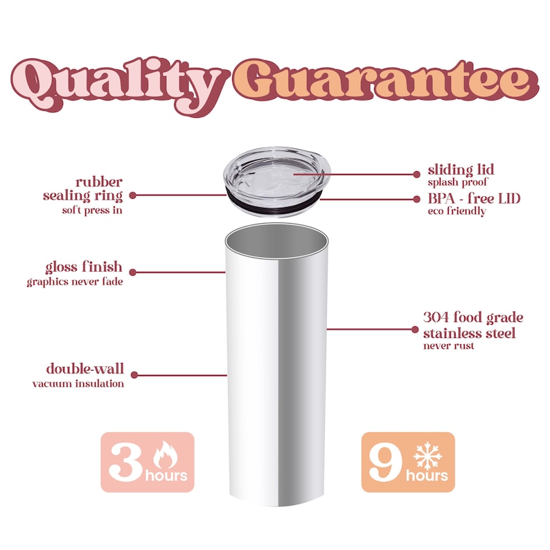 Puede incluir: Un vaso de acero inoxidable blanco con tapa transparente, con mecanismo deslizante. La imagen destaca el aislamiento al vac&iacute;o de doble pared, el acabado brillante y la tapa sin BPA. El texto dice "Quality Guarantee". Mantiene las bebidas fr&iacute;as durante 9 horas y calientes durante 3 horas.