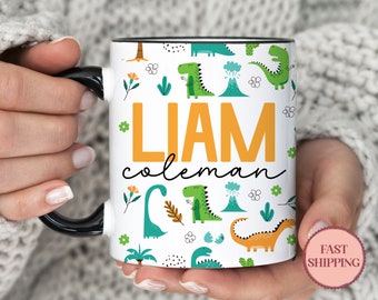 Dinosaur Kids Personalized Mug, Name Custom Dino Mug, Adults and Kids Gift, Childrens Camping Mug, (MU-131Dino)