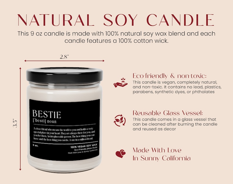 a white candle with a black lid labeled bestie