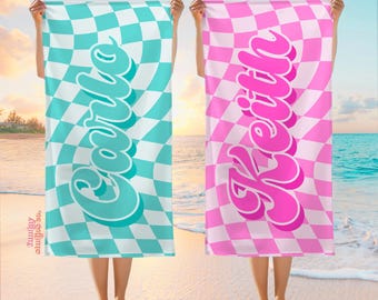 Custom Checker  Beach Towel, Bachelorette Party Gift, Retro Style Pool Towel, Personalized Beach Towel in Checkered Design (BT-9)