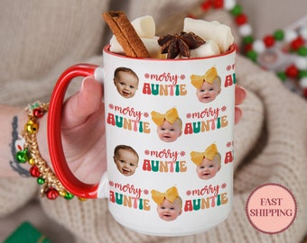 Custom Photo Mug for Aunt, Merry Auntie Christmas Mug, Christmas Present For Auntie, Promoted To Auntie Coffee Cup  (PMU-7 Auntie)