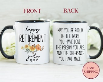 Taza personalizada "Feliz Jubilación" • Regalos de jubilación personalizados • Regalo de jubilación para mujeres • Taza floral para jubilados • Regalos de jubilación (MU-69PROUD)
