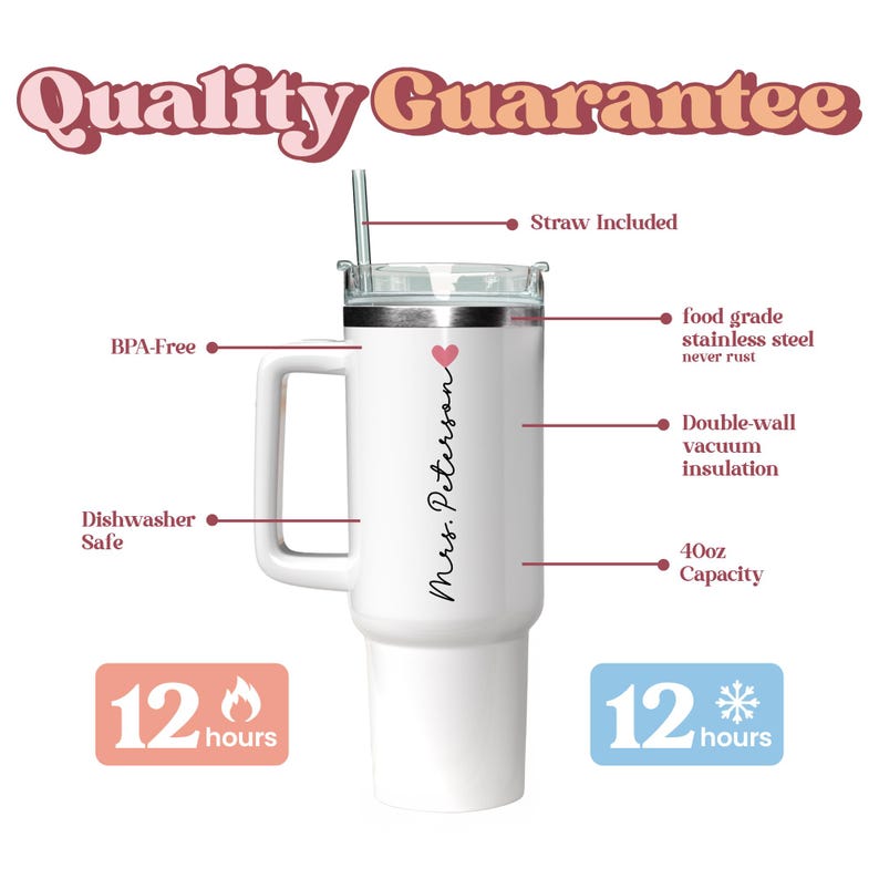 Puede incluir: Vaso blanco de 1,18 litros con asa, pajita y tapa. Presenta el texto "Mrs. Peterson" y un coraz&oacute;n. Incluye el texto "Quality Guarantee". El vaso no contiene BPA, es apto para lavavajillas y tiene aislamiento de vac&iacute;o de doble pared.