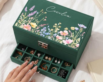 Personalized Wildflower Jewelry Box | Custom Name Floral Velvet Jewelry Organizer | Birthday Gift for Her (JS-3)