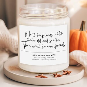 a white candle with a label that reads "We'll be friends until we're old and gentle. Then we'll be new friends." The candle is placed on a white plate, with a small orange pumpkin and some star anise nearby.