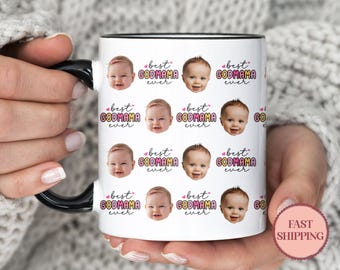 Spersonalizowany kubek „Godmama”, kubek na zaręczyny z okazji chrztu, prezent od chrześnicy, chrześniaka, spersonalizowany prezent z buzią dziecka (PMU-11Godmama)