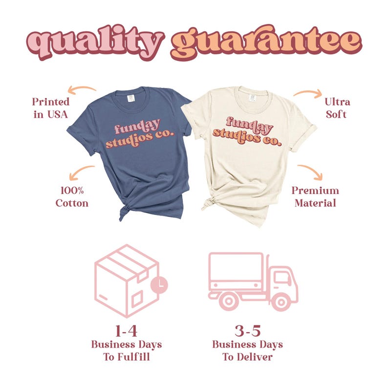 May include: Two t-shirts, one blue and one cream, with the text "funday studios co." in a retro font. The image includes text that says "quality guarantee", "Printed in USA", "100% Cotton", "Ultra Soft", and "Premium Material".