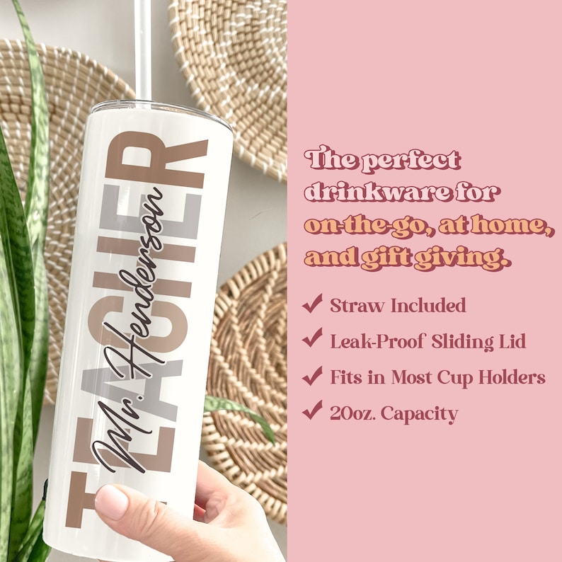 a hand holding a white tumbler with the words, the perfect drinkware for