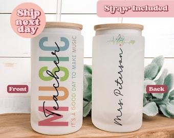 Personalized Music Teacher Glass Iced Coffee Cup – Custom 16oz Frosted Tumbler with Straw & Lid – Music Teacher Gift – Teacher Appreciation