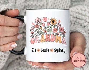 Mug grand-mère personnalisé •Cadeau grand-mère avec prénoms petits-enfants •Mug fête des mères •Mug fleurs sauvages •Mug grand-parent •(Grand-mère MU-76)