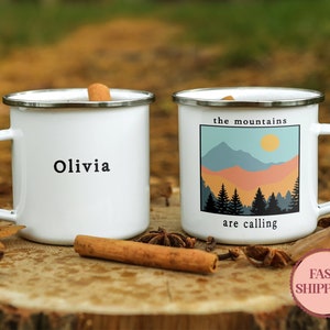 Custom The Mountains Are Calling Mug, Campfire Enamel Cup, Mugs For Hiker Couple, Nature Lover Gift for Couple (EM-49 Mountains)