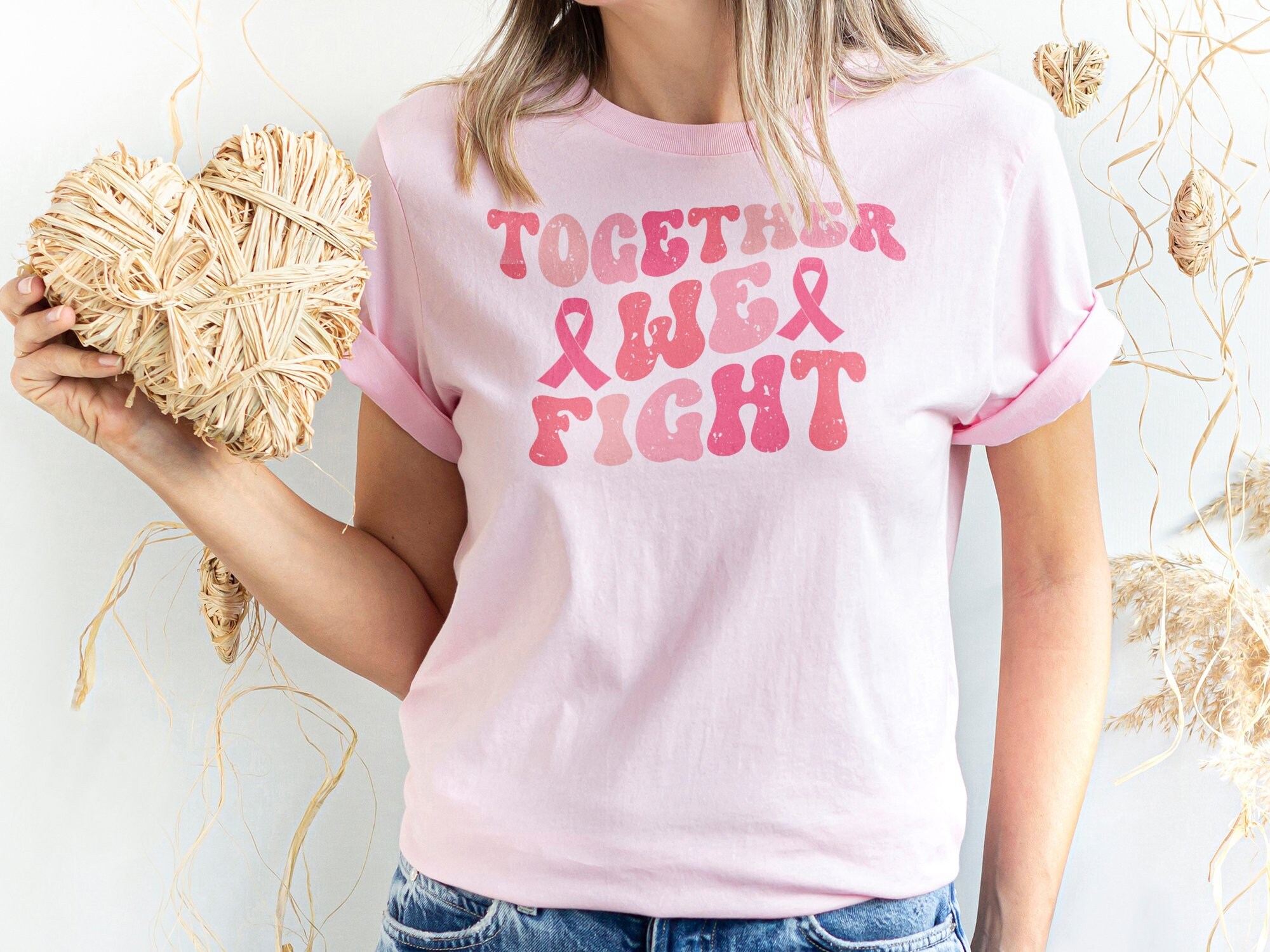 Discover Together We Fight Shirt, Groovy Cancer Awareness Tee, Breast Cancer Outfit, Cancer Support Gift Ideas, Pink Ribbon T-Shirt (AP-WOME68)