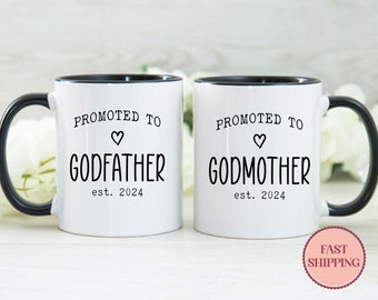 Promoted to Godfather & Godmother Est 2023 Mug Set • Personalized Godparent Mug • Christening Mug Set • Custom Godparent Coffee Mug (MU-44)