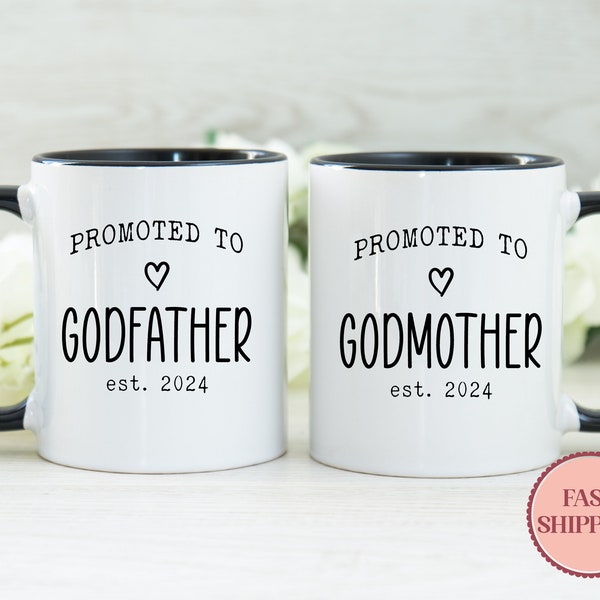 Promoted to Godfather & Godmother Est 2023 Mug Set • Personalized Godparent Mug • Christening Mug Set • Custom Godparent Coffee Mug (MU-44)