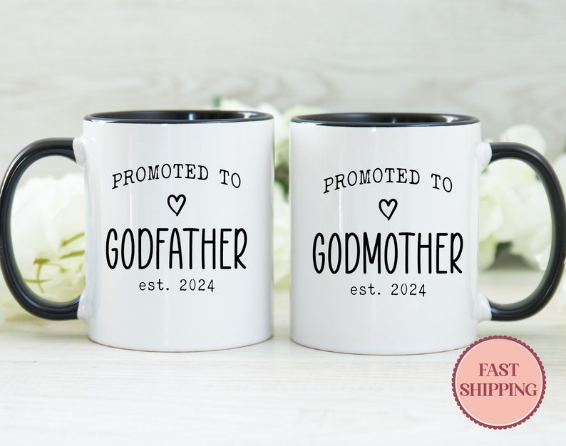Promoted to Godfather & Godmother Est 2023 Mug Set Personalized Godparent Mug Christening Mug Set Custom Godparent Coffee Mug MU-44 imagem 1
