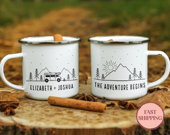 The Adventure Begins Mug, Custom Camping Mug, Personalized Camping Mug, Nature Lover Mug, Camp Life Mug, Gift Idea for Camp Lover(EM-12 Van)