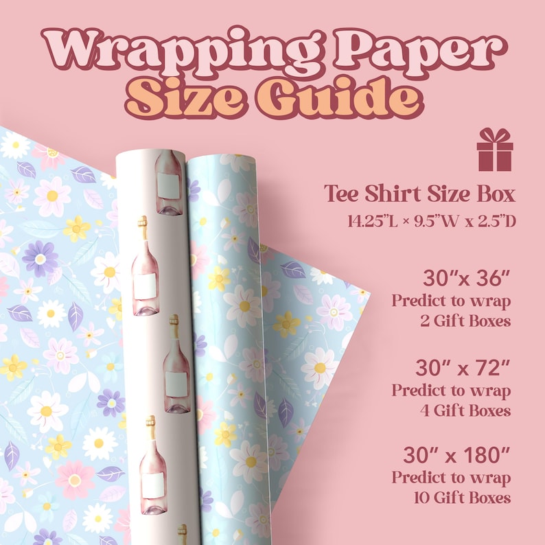May include: Two rolls of wrapping paper with floral and wine bottle designs. The image includes a size guide for wrapping paper, with measurements of 30" x 36", 30" x 72", and 30" x 180". The text reads "Wrapping Paper Size Guide".