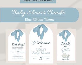 Blue Bow Baby Shower Printable Bundle: Invitations, Games, Decor (Digital Download)