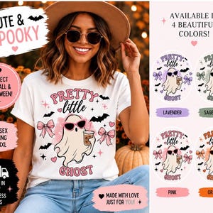 Pink Pretty Little Ghost Shirt, Cute Halloween Ghost Tee, Pink Ghost T-Shirt, Coquette Halloween Shirt, Fall Coffee Shirt, Spooky Season Tee
