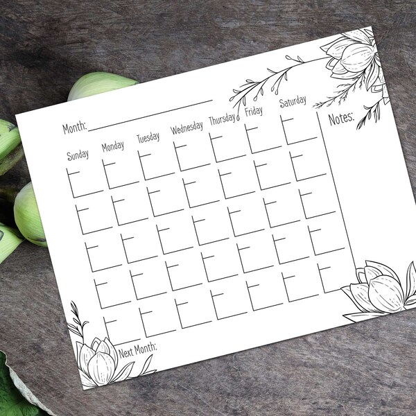 Printable Blank Black & White Lotus Calendar