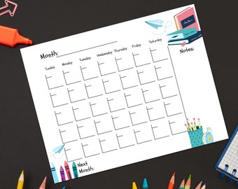 Printable Blank School Themed Calendar
