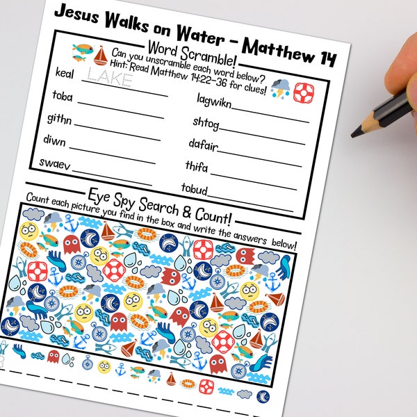 Jesus Walks On Water Word Scramble and Eye Spy