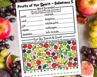 Fruit of the Spirit Galatians 5 Word Scramble and Eye Spy Activity Sheet