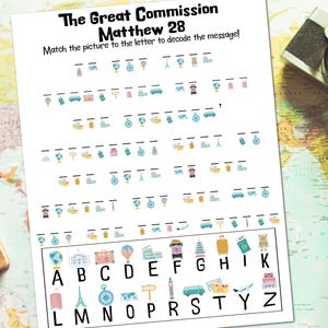 May include: A printed worksheet titled "The Great Commission Matthew 28" with a matching game. The game features travel-themed illustrations and an alphabet key. A vintage camera, a cup of coffee, and a journal are also visible.