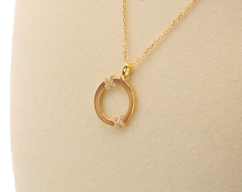 18K Solid Gold Circle Pendant Necklace: Floral CZ Accents