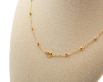 18K Solid Gold Heart Necklace: Tricolor Bead Chain, Romantic Jewelry