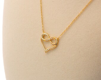 18K Solid Gold Infinity Heart Necklace: Pavé Stone Pendant