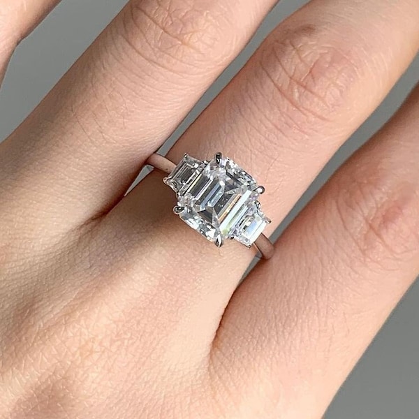 3.48 TCW Three Stone Emerald Cut Moissanite Engagement Ring, Trellis set, Three stone moissanite ring,3 Stone Emerald Cut Ring, Wedding ring