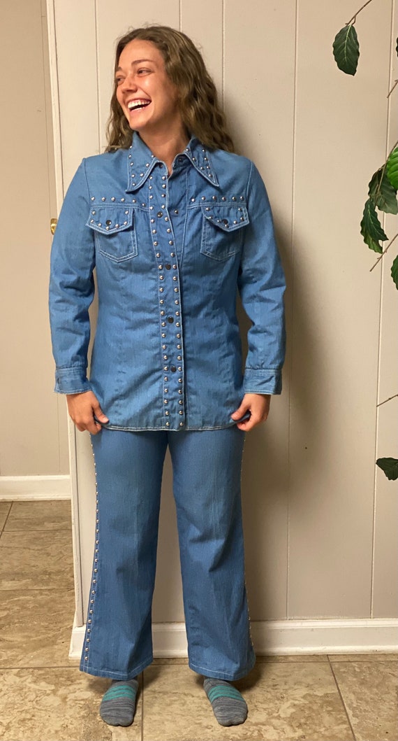 Vintage 1970s Denim Metal Studded Pant Suit by Gina Teresa | MEDIUM