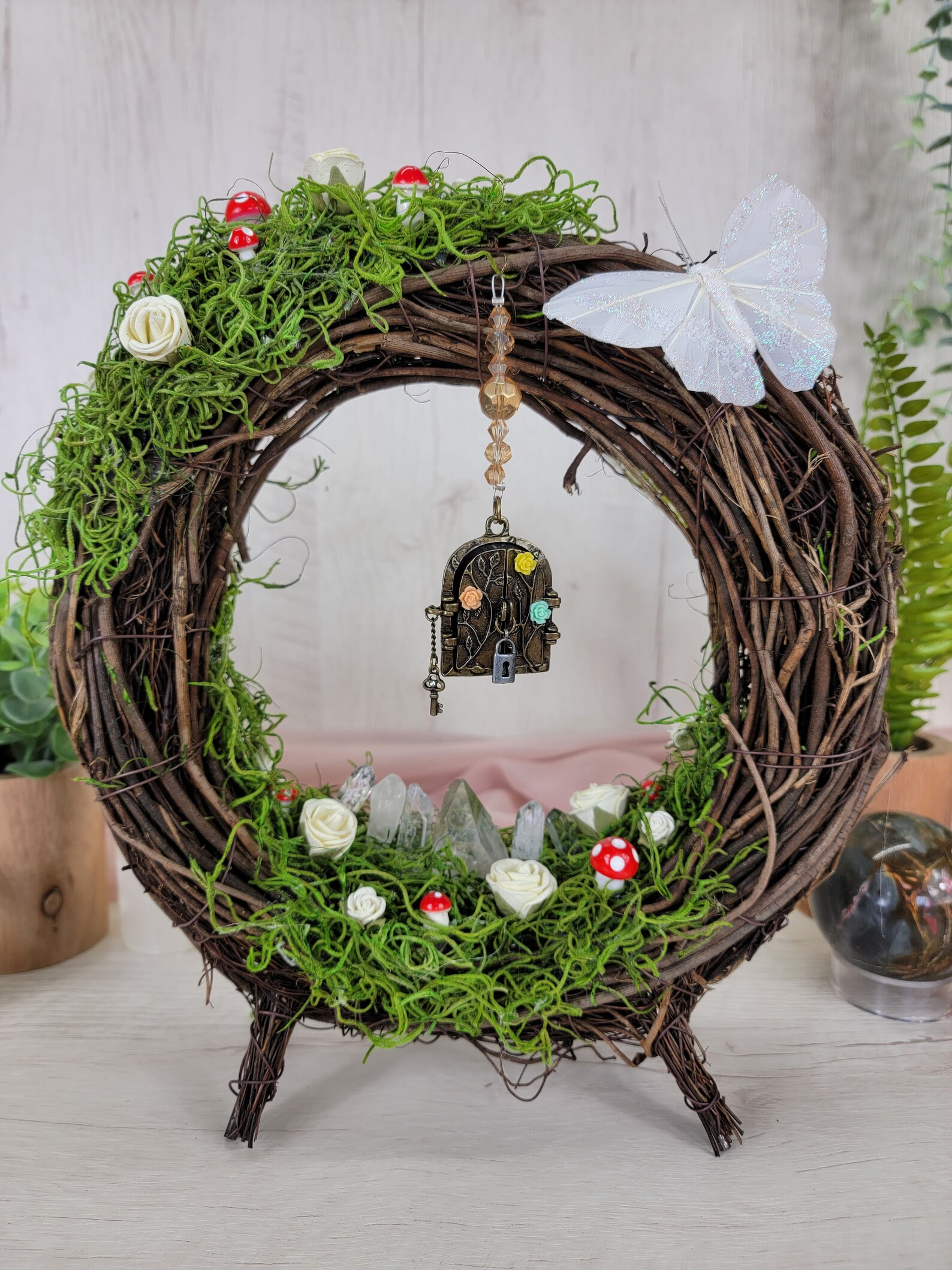 Whimsical Mossy Table Top Wreath With Fairy Door Pendant, Mushrooms