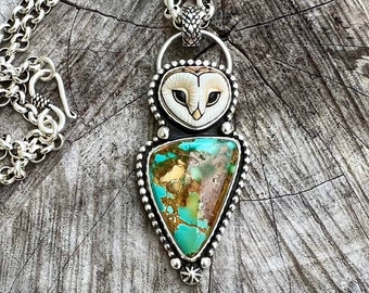 Porcelain Owl Face Montezuma Royston Turquoise Pendant Statement Jewelry Handmade