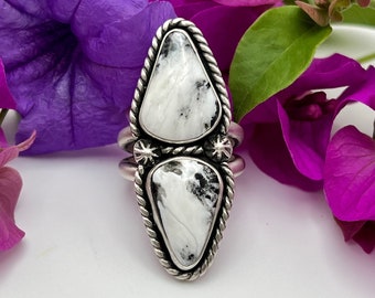 White Buffalo 2 Stone Sterling Silver Ring Size 7 3/4 Statement Jewelry Handmade