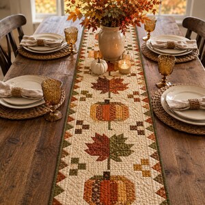 May include: A quilted fabric table runner featuring a repeating pattern of autumn leaves and pumpkins in shades of orange, brown, and green. The runner has a cream-coloured background with a geometric border and is displayed on a wooden dining table.