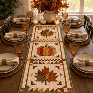 May include: A rectangular quilted table runner featuring a patchwork design of autumn maple leaves and a central pumpkin motif in shades of orange, brown, green, and cream, displayed on a wooden dining table with place settings and glassware.