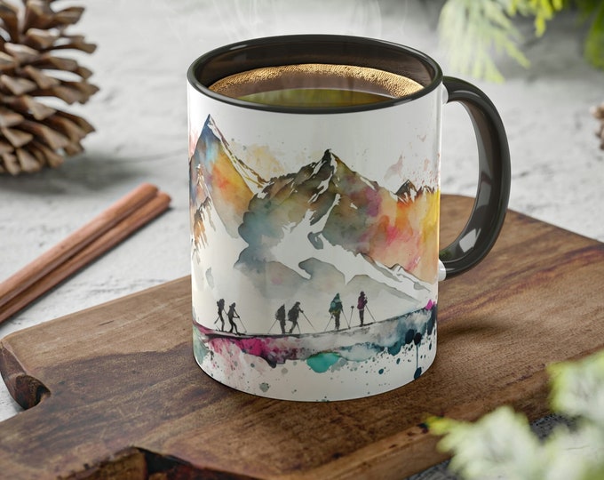 Mountain Mug Skier Watercolor Nature Lover Outdoors Mountain Range Mug Boho Hiking Campfire Backpacking Mug 11 oz Adventure Mug
